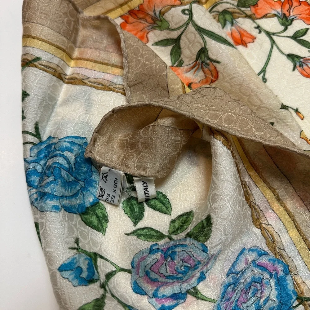 Christian Dior Floral Peacock Silk Scarf in Cream, Gold, Blue & Orange